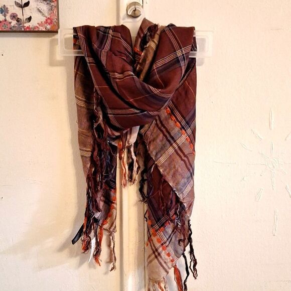 Brown plaid square fringe scarf forever 21 accessory Balaclava shawl wrap - Picture 2 of 7